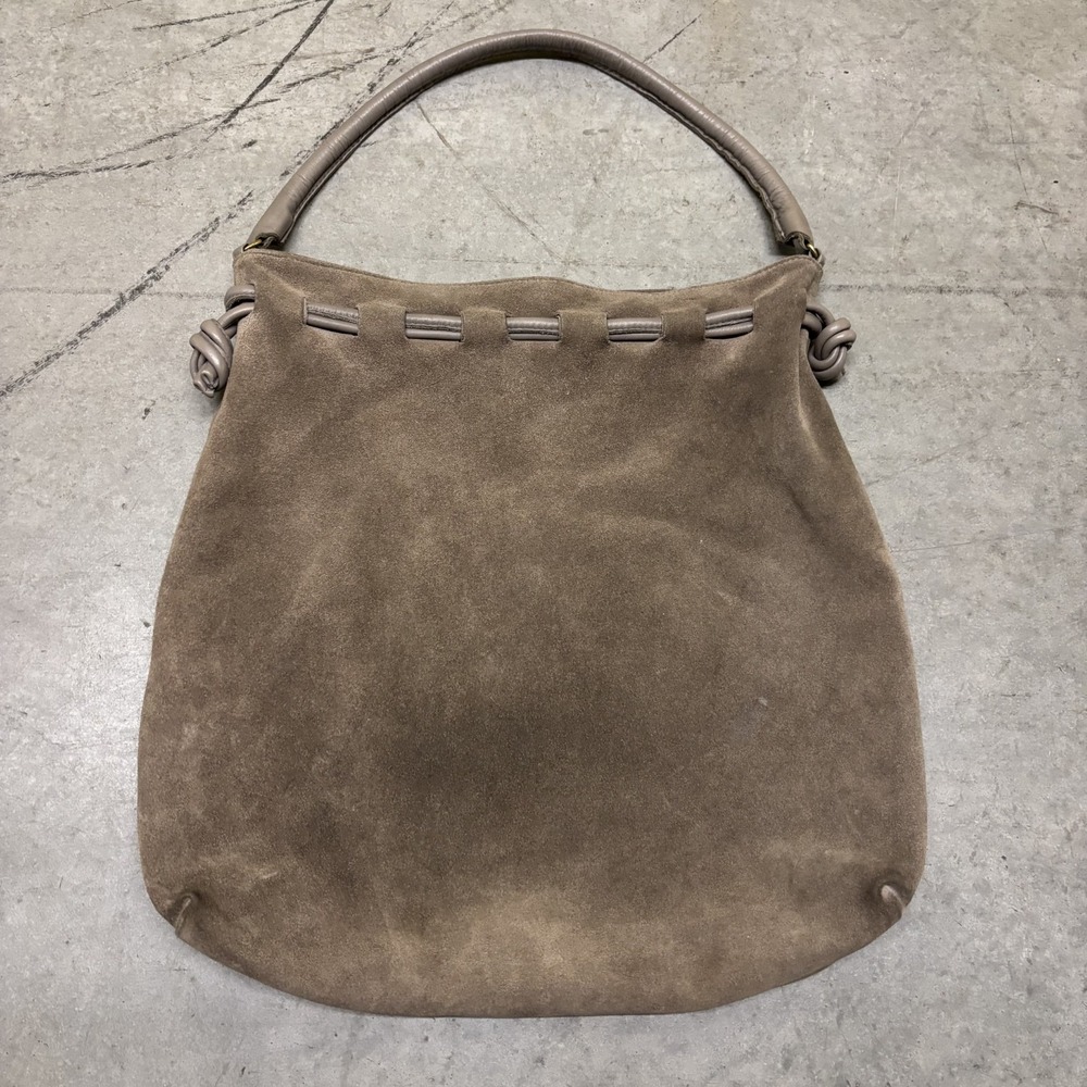 Clare V. Suede Hobo Cinch Drawstring Bag Purse Slouchy Leather Taupe Brown Tan